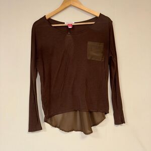 Brown Blouse Women's Small Shirt Long Sleeve Top Sheer Back High Low Hem FLowy